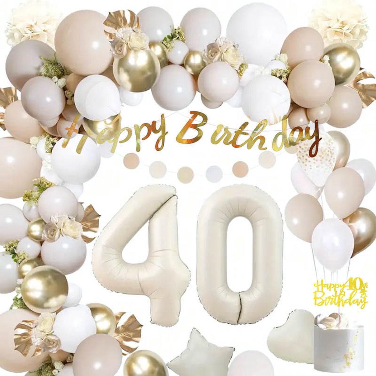 Joya Party® 40 jaar verjaardag feest pakket Beige en Wit | Versiering Ballonnen voor feest 40 jaar | Veertig Versiering | Ballonnen slingers opblaasbare cijfers 40